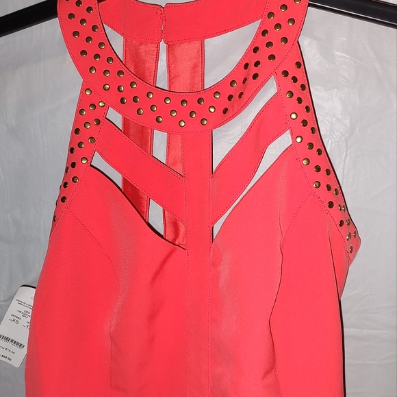 Bebe Hot Coral Romper shorts lined pockets NWT XS sleeveless - Picture 3 of 16